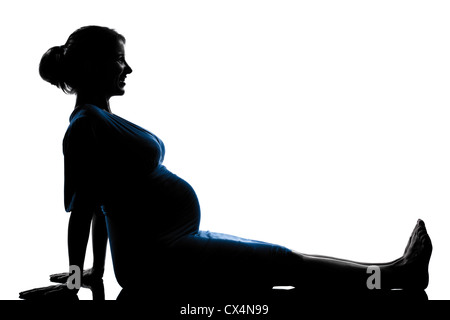 beautiful caucasian pregnant woman in silhouette on studio isolated white background
