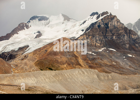 Lateral moraine showing the rate of retreat of the Athabasca glacier. It is receding extremely rapidly and has lost over 60% Stock Photo