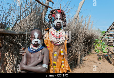 Korcho Ethiopia Africa village Lower Omo Valley Karo tribe with painted faces #25 Stock Photo