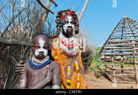 Korcho Ethiopia Africa village Lower Omo Valley Karo tribe with painted faces #25 Stock Photo