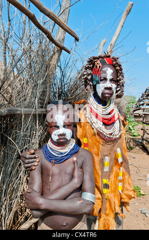 Korcho Ethiopia Africa village Lower Omo Valley Karo tribe with painted faces #25 Stock Photo