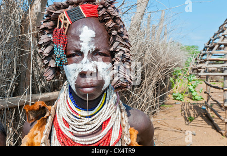 Korcho Ethiopia Africa village Lower Omo Valley Karo tribe with painted faces #25 Stock Photo