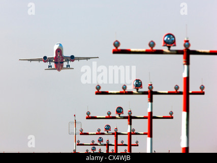 Airplane, Air Berlin Airbus,  is taking off from a runway at Düsseldorf International Airport, Germany, Europe. Stock Photo