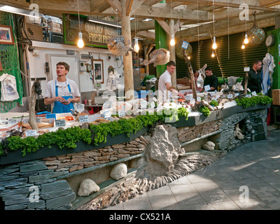 Stall selling all kinds of fish and sea food products in Borough market, London, UK Stock Photo