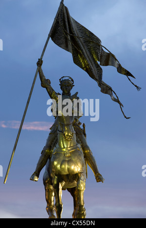 GOLDEN BRONZE STATUE OF JOAN OF ARC PLACE DE FRANCE DECATUR STREET FRENCH MARKET FRENCH QUARTER NEW ORLEANS LOUISIANA USA Stock Photo