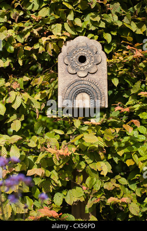 Decorative bird box in a Hornbeam hedge at Painswick Rococo Garden, Gloucestershire, England, United Kingdom Stock Photo