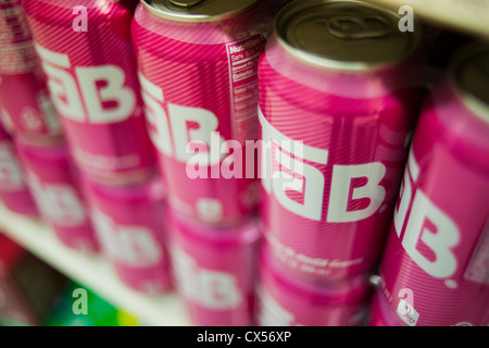 Cans of Coca-Cola's Tab soda are seen on a supermarket shelf in New York Stock Photo