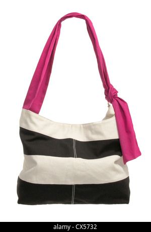 American Eagle tote bag with black and white bands and hot pink strap photographed on a white background Stock Photo