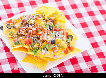 Cheesy Nachos on a Red Checkered Tablecloth Stock Photo