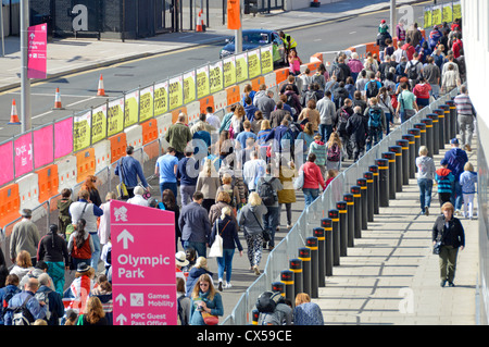 Aerial view crowd of Spectators at Stratford train station heading towards 2012 Olympic Park entrance for the Paralympic games East London England UK Stock Photo