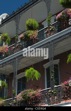 CAST IRON RAILINGS AND HANGING FLOWER POTS ON BALCONY ROYAL STREET FRENCH QUARTER DOWNTOWN NEW ORLEANS LOUISIANA USA Stock Photo