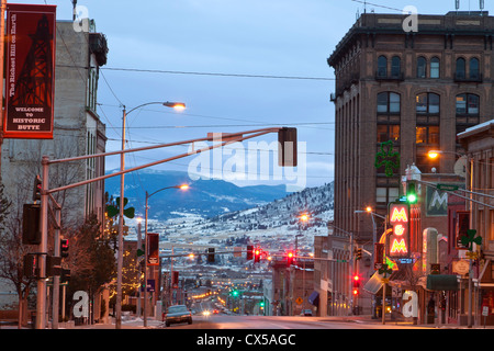 Main Street in Uptown Butte, Montana, USA at dusk Stock Photo