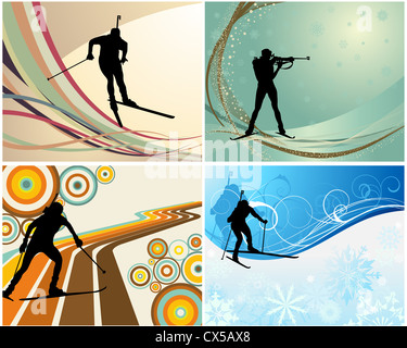 Sport background set with biathlon athlete. Vector illustration. Stock Photo