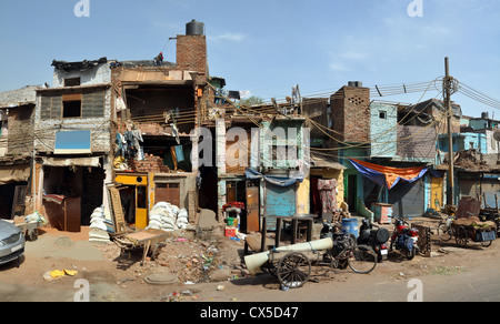 Panoramic view of a row of shops, businesses and houses in old Delhi, India. Stock Photo