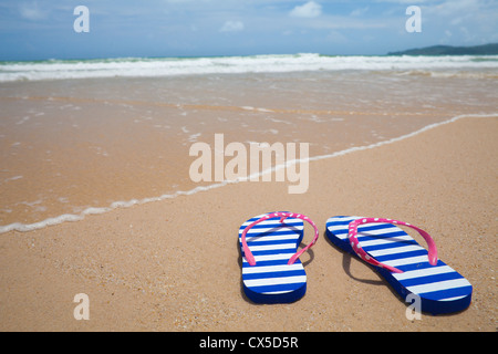 Colorful flipflop footware on sea beach. Holiday concept. Stock Photo