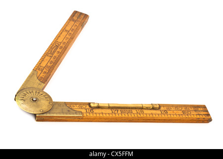 Antique folding rule brass level and protractor isolated