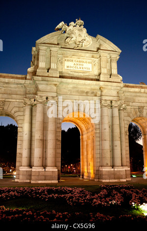 The Puerta de Alcala, built in 1778 to honour Carlos the third it was designed by Sabatini and made in granite stone. Stock Photo