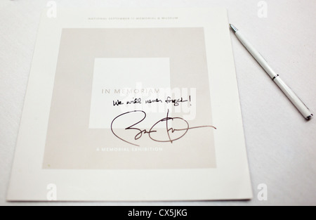 A signed message from President Barack Obama is seen on a pamphlet during his meeting with 9/11 family members at the National September 11 Memorial and Museum preview site near Ground Zero in New York, N.Y., May 5, 2011. Stock Photo