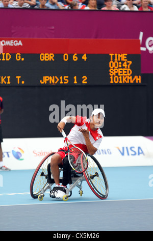 Takuya Miki of Japan in the men's Singles competition in the wheelchair tennis at Eton Manor, Olympic park Stratford. London Stock Photo