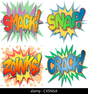 A Selection of Comic Book Exclamations and Action Words, Smack, Snap, Zoinks, Crack. Stock Photo