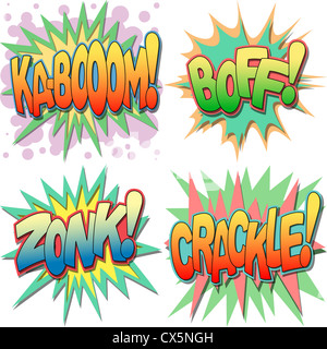 A Selection of Comic Book Exclamations and Action Words, Kaboom, Boff, Zonk, Crackle. Stock Photo