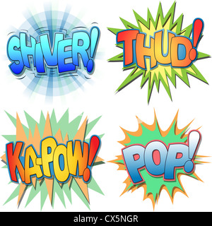 A Selection of Comic Book Exclamations and Action Words, Shiver, Thud, Ka-pow, Pop. Stock Photo