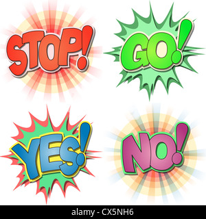 A Selection of Comic Book Exclamations and Action Words, Stop, Go, Yes, No. Stock Photo