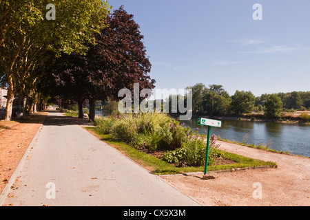 The pedestrian walkway and cycle track beside the river Loire in Orleans, France. Stock Photo