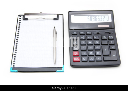 calculator and pen on a white background Stock Photo