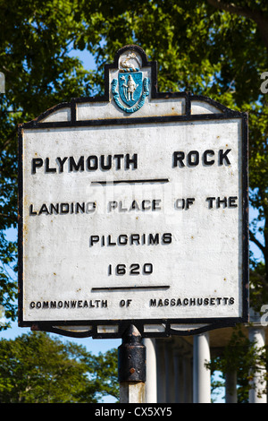 Sign for 'Plymouth Rock',  landing place of the pilgrims in 1620, Pilgrim Memorial State Park, Plymouth, Massachusetts, USA Stock Photo