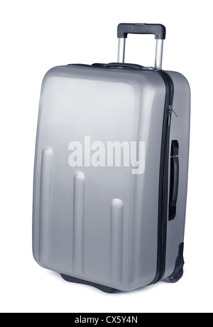 Silver plastic suitcase on wheels isolated on white Stock Photo