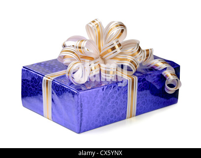 Shiny gift box with ribbon isolated on white Stock Photo