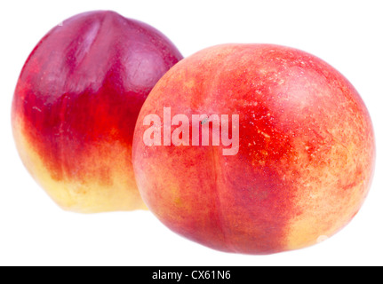 two fresh Nectarines close up isolated on white background Stock Photo
