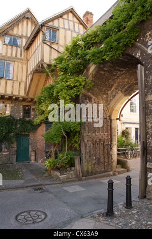 The Priory Gate, overgrown with Wisteria, is the ancient 15th century southern entrance to Winchester Cathedral's Inner Close. Hampshire, England, UK. Stock Photo