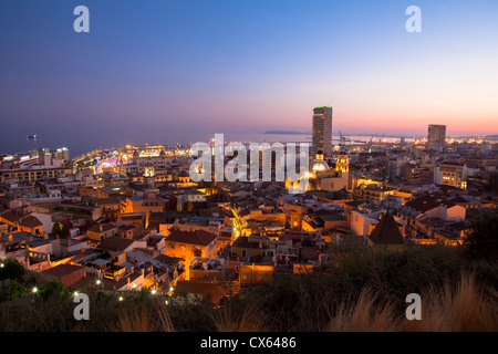 Alicante skyline at dusk viewed from Santa Barbara castle Spain Stock Photo