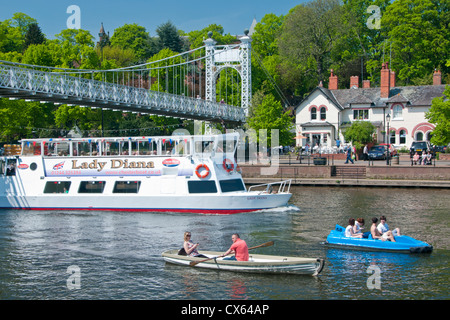 Pleasure & Tour Boats on River Dee Passing Under Queens Park Bridge, The Groves, Chester, Cheshire, England, UK Stock Photo