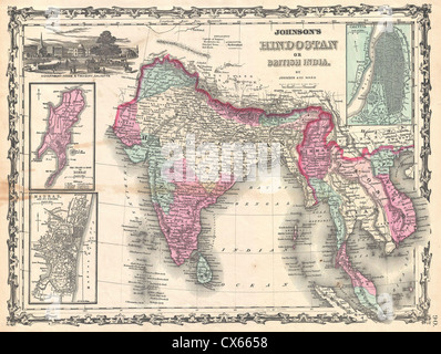 1862 Johnson Map of India and Southeast Asia Stock Photo