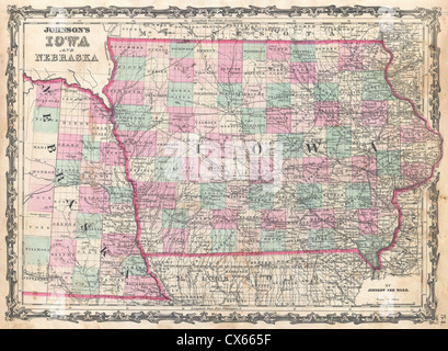 1862 Johnson Map of Iowa and Nebraska Stock Photo