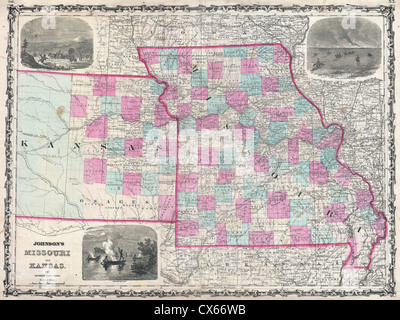 1862 Johnson Map of Kansas and Missouri Stock Photo