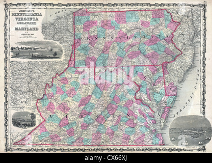 1862 Johnson Map of Virginia, Maryland, Delaware and Pennsylvania Stock Photo