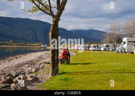 Caravans, Loch Linnhe at Onich, looking to Ardgour, Highland Region, Scotland, UK Stock Photo