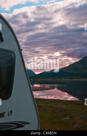 Sunset, Caravans, Loch Linnhe at Onich, looking to Ardgour, Highland Region, Scotland, UK Stock Photo