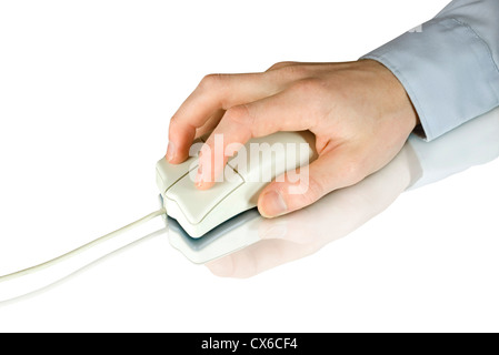 White computer mouse and hand on white Stock Photo
