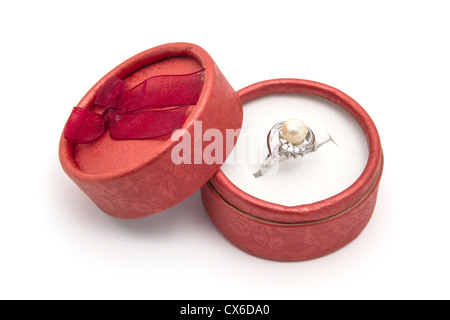 Pearl ring in a red box Stock Photo
