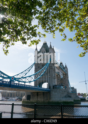 View of Tower Bridge from the North Bank of the River Thames, London, UK Stock Photo
