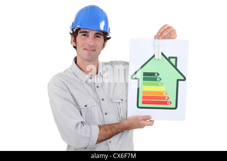 Laborer showing energy rating sign Stock Photo