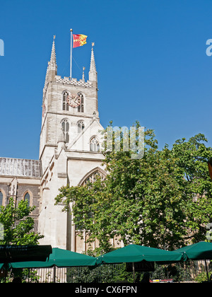 The tower of Southwark Cathedral from Borough Market, London, UK Stock Photo
