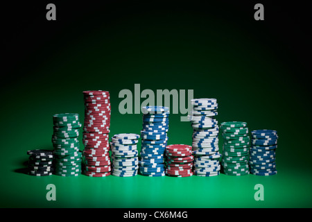 Rows of stacked gambling chips Stock Photo