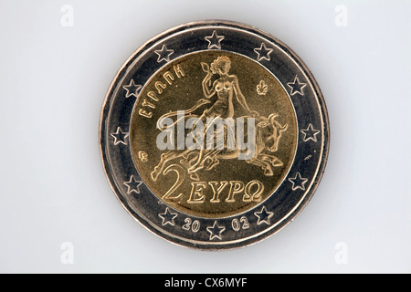 Rear view of a two Euro coin with image of Europa riding a bull Stock Photo