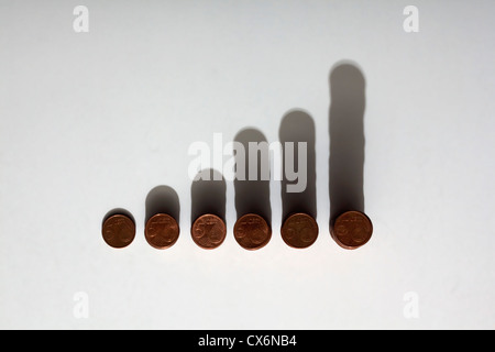 Rows of stacks of five cent Euro coins increasing in size Stock Photo